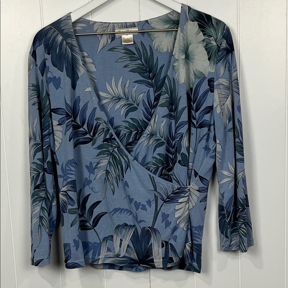 Tommy Bahama Womens 100% Silk Blouse L Blue Shades Pullover 3/4 Sleeves Wrap - Picture 1 of 10